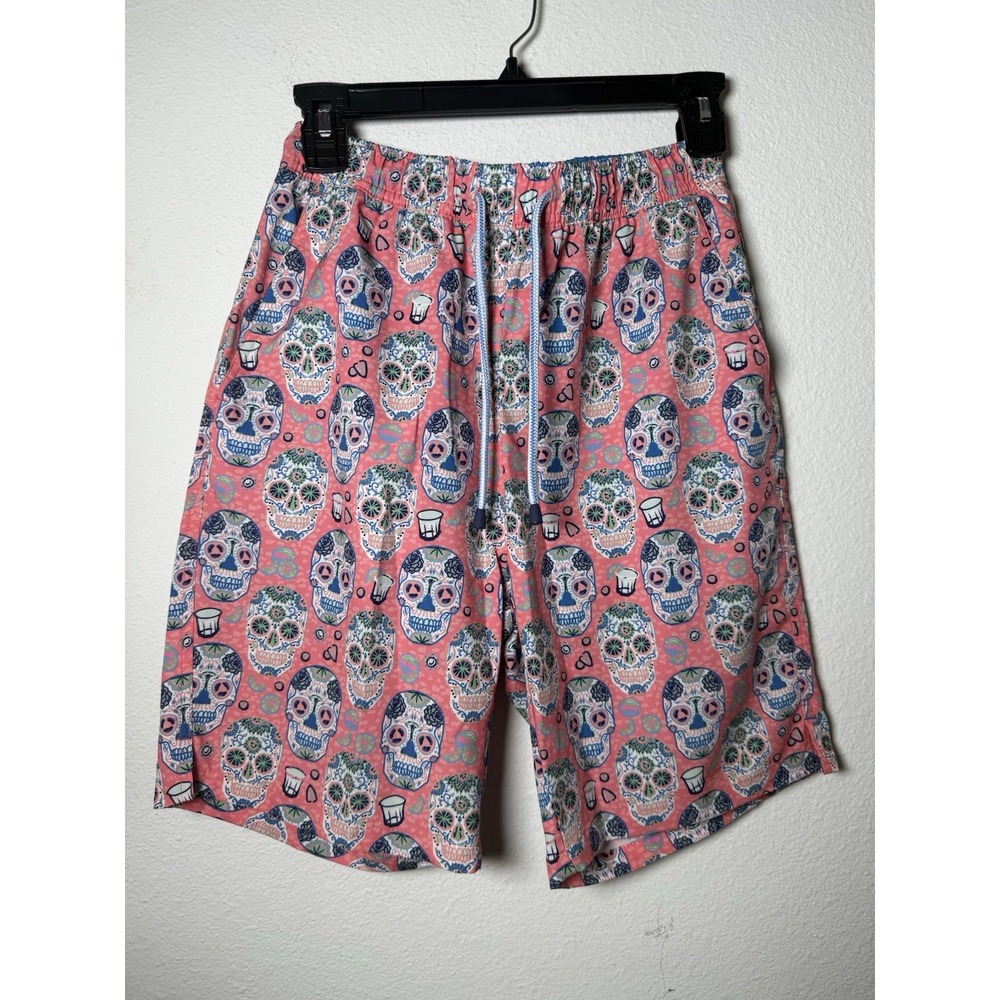 Peter Millar Seaside Swim Shorts Mens SM Pink Coral Sugar Skull Print Mesh Lined
